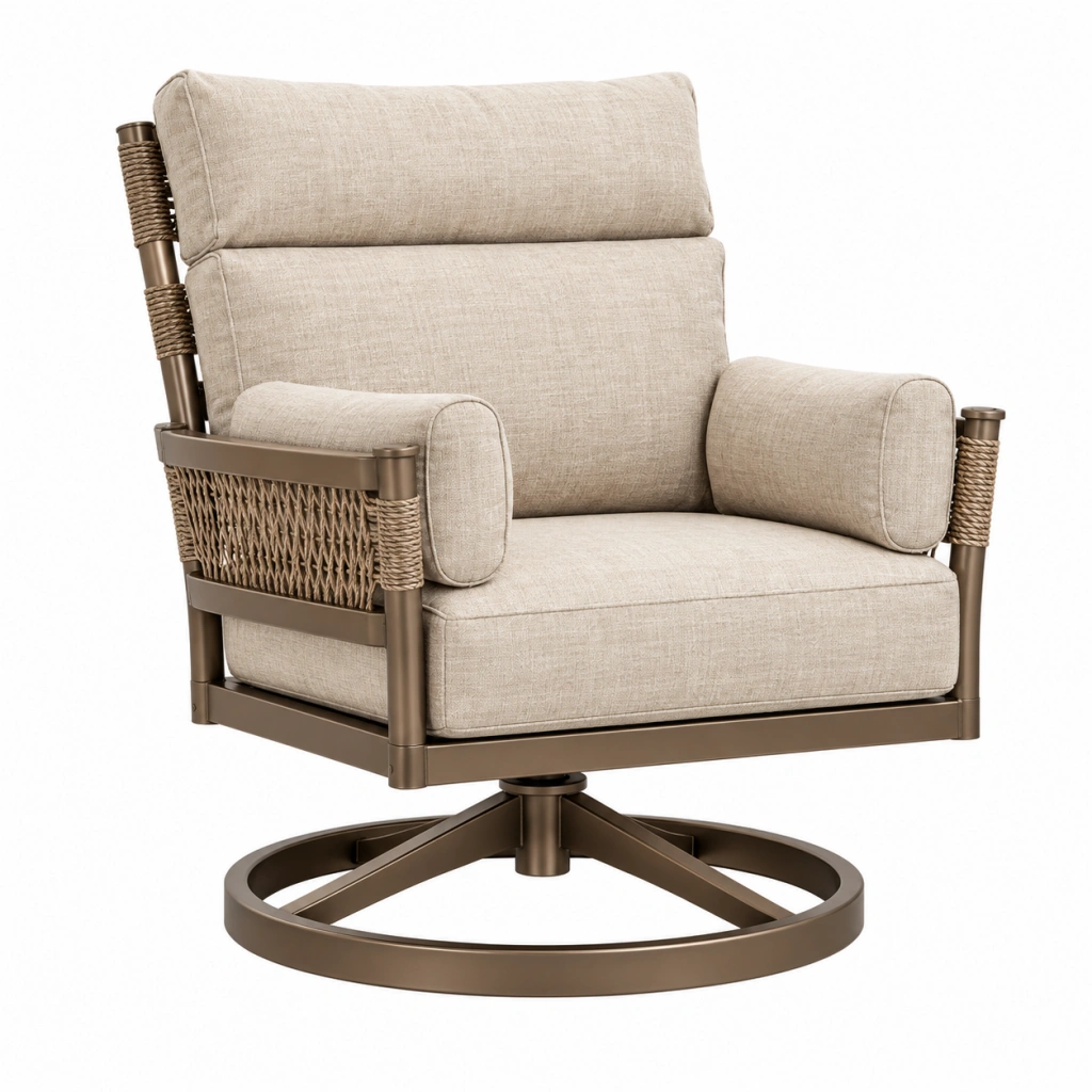 Poltrona girevole 85 x 85 x 95 cm in tessuto beige e metallo con intreccio decorativo