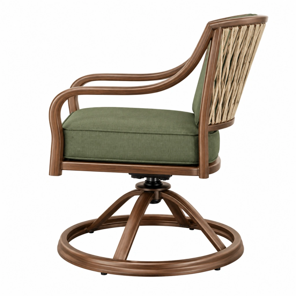 Poltrona girevole 70 x 75 x 95 cm in legno marrone con seduta verde e schienale intrecciato