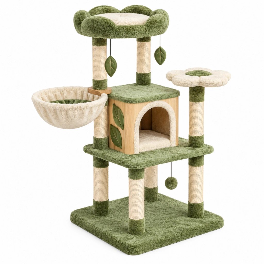 Tiragraffi per gatti 60 x 60 x 150 cm in sisal e tessuto peluche verde beige con cuccia e amaca