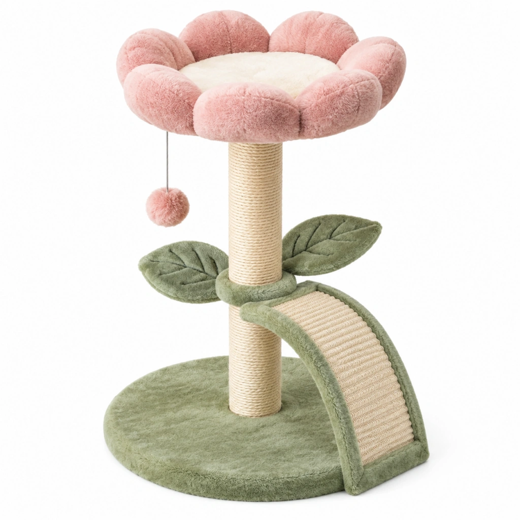 Tiragraffi per gatti 50 x 50 x 85 cm in sisal rosa e verde con cuccia a fiore e gioco sospeso