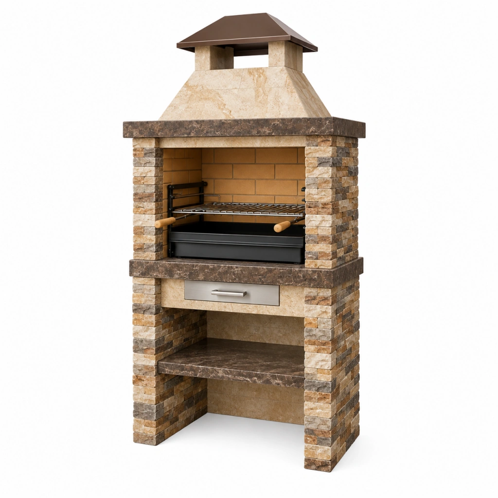 Barbecue in muratura 100 x 70 x 220 cm in pietra beige e marrone con griglia regolabile