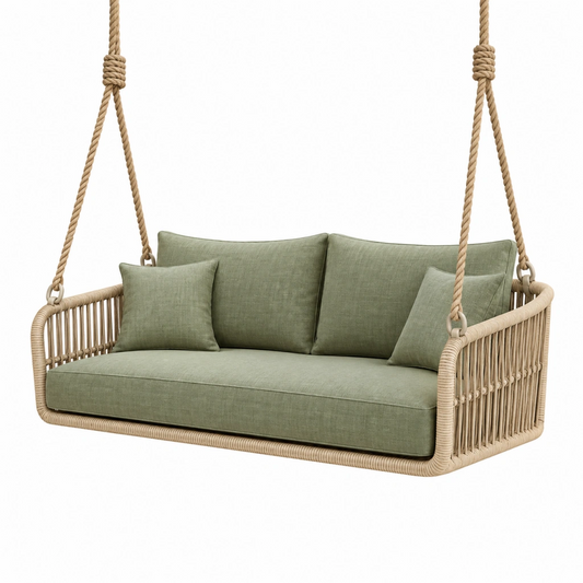Divano altalena sospeso da esterno 160 x 75 x 65 cm in corda intrecciata verde salvia stile boho
