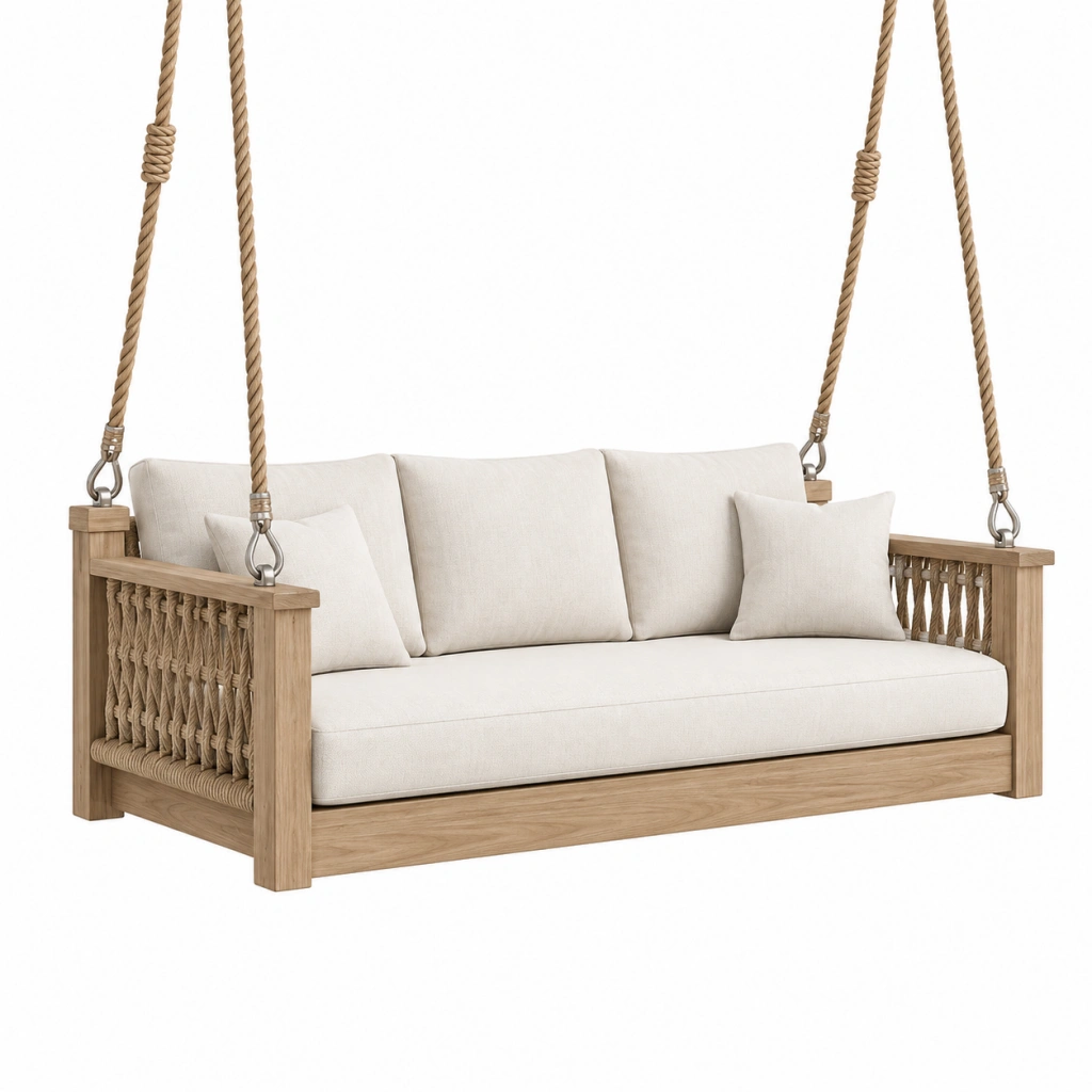 Divano sospeso da giardino 180 x 80 x 75 cm in legno naturale con corde intrecciate beige - stile rustico