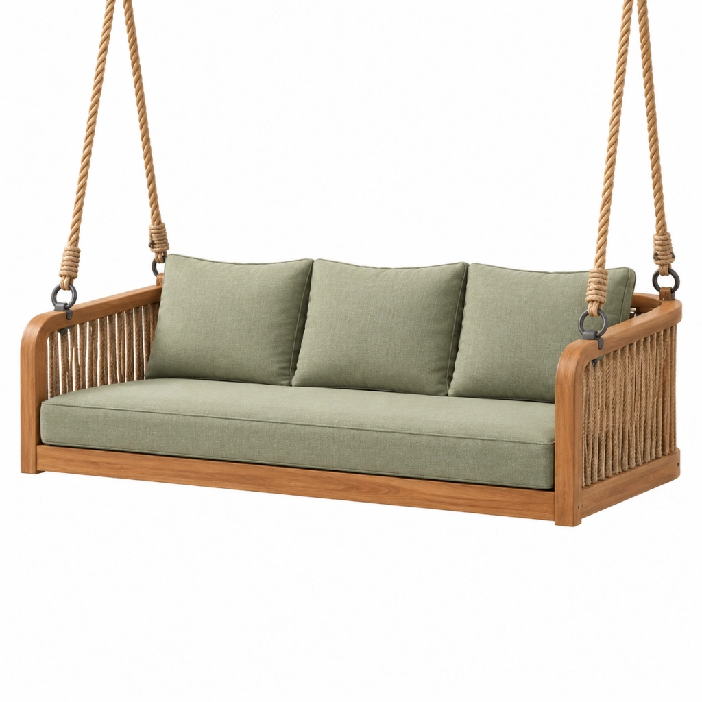 Dondolo sospeso da giardino 180x80x70 cm in legno e corda verde stile bohémien