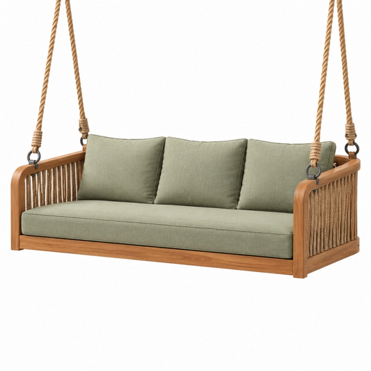 Dondolo sospeso da giardino 180x80x70 cm in legno e corda verde stile bohémien