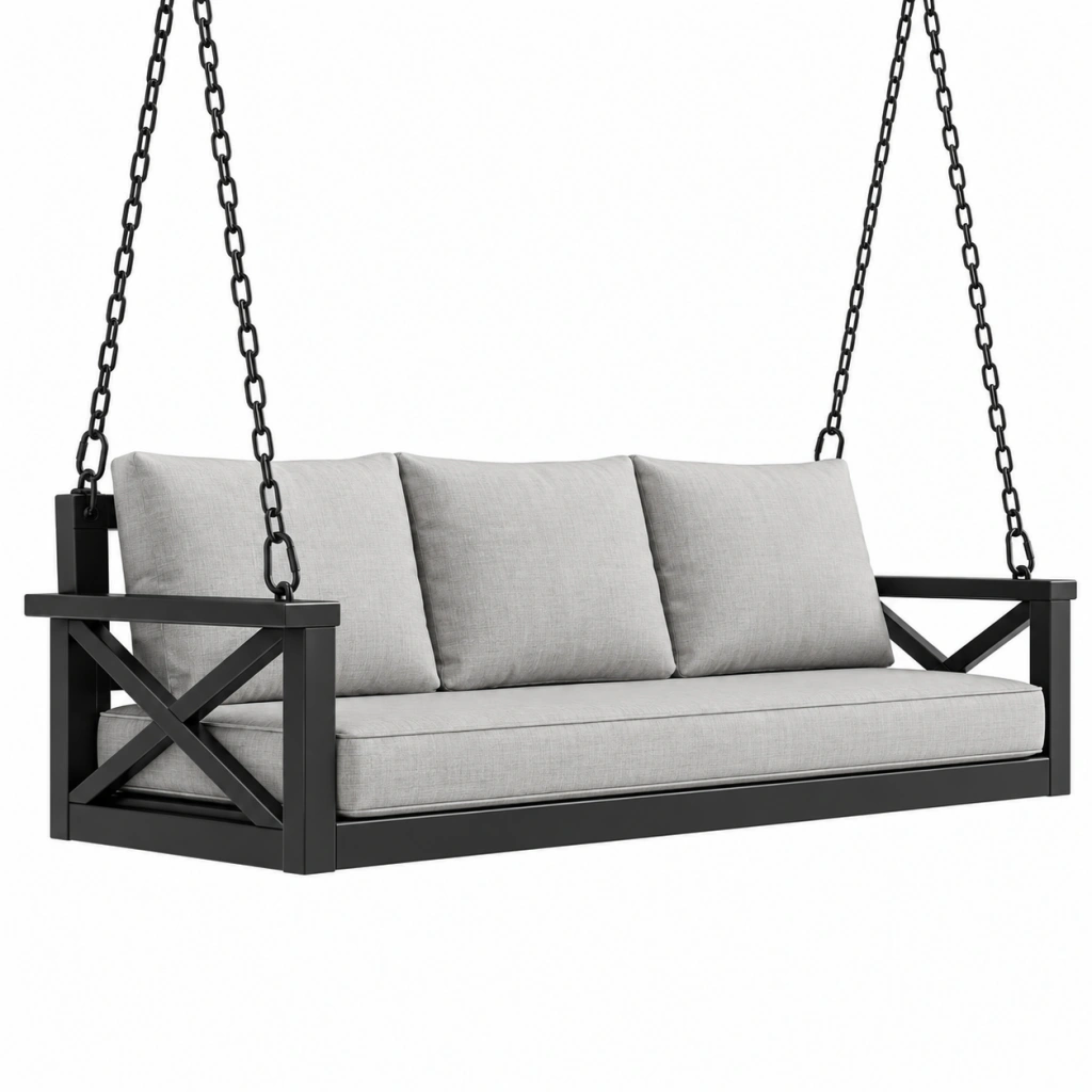 Dondolo sospeso da giardino 190 x 70 x 60 cm in metallo nero e tessuto grigio - 3 posti