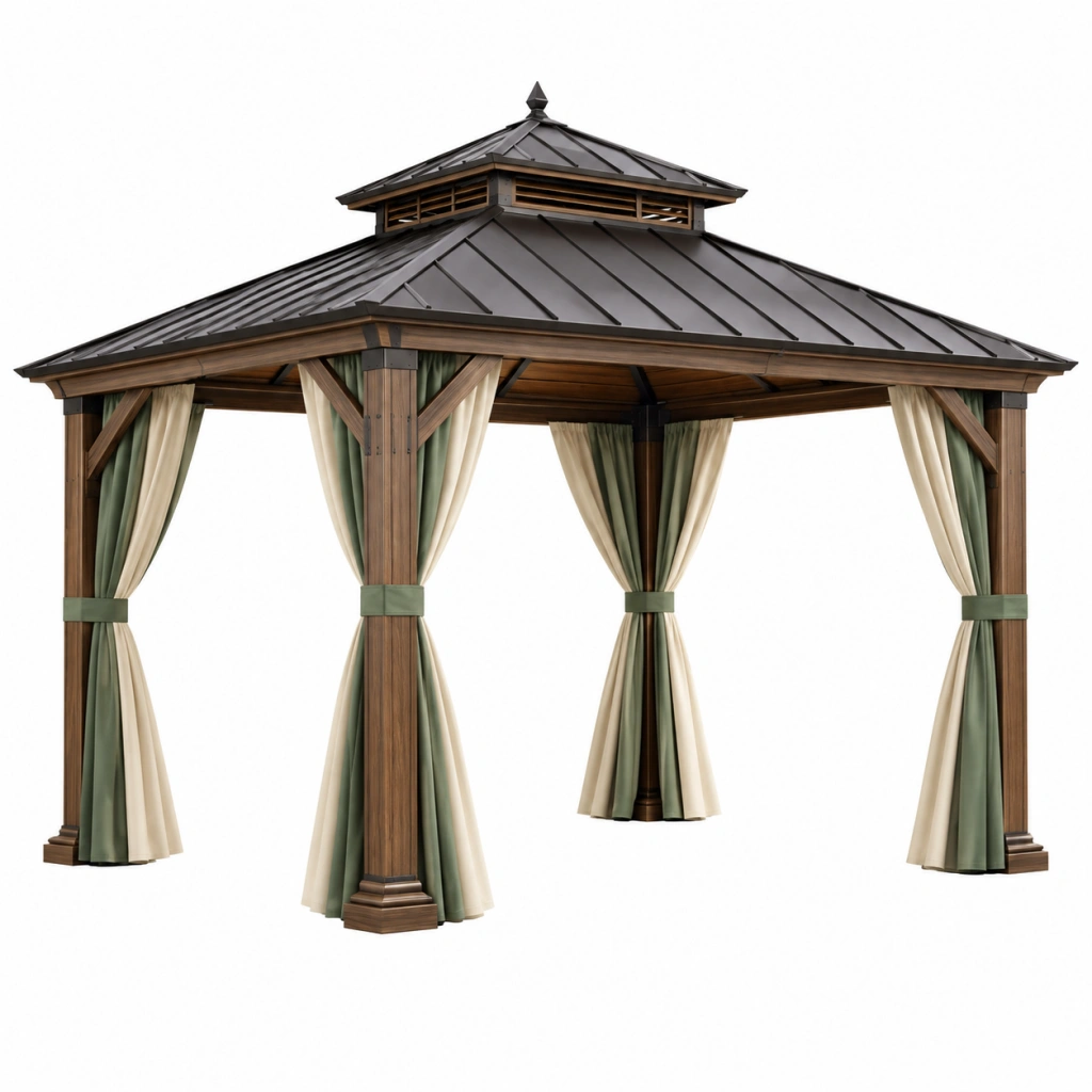 Gazebo da giardino 300 x 300 cm in legno marrone con tetto in metallo e tende