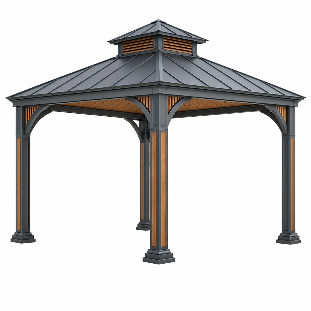 Gazebo da giardino 300 x 300 x 300 cm in metallo nero e marrone con tetto ventilato