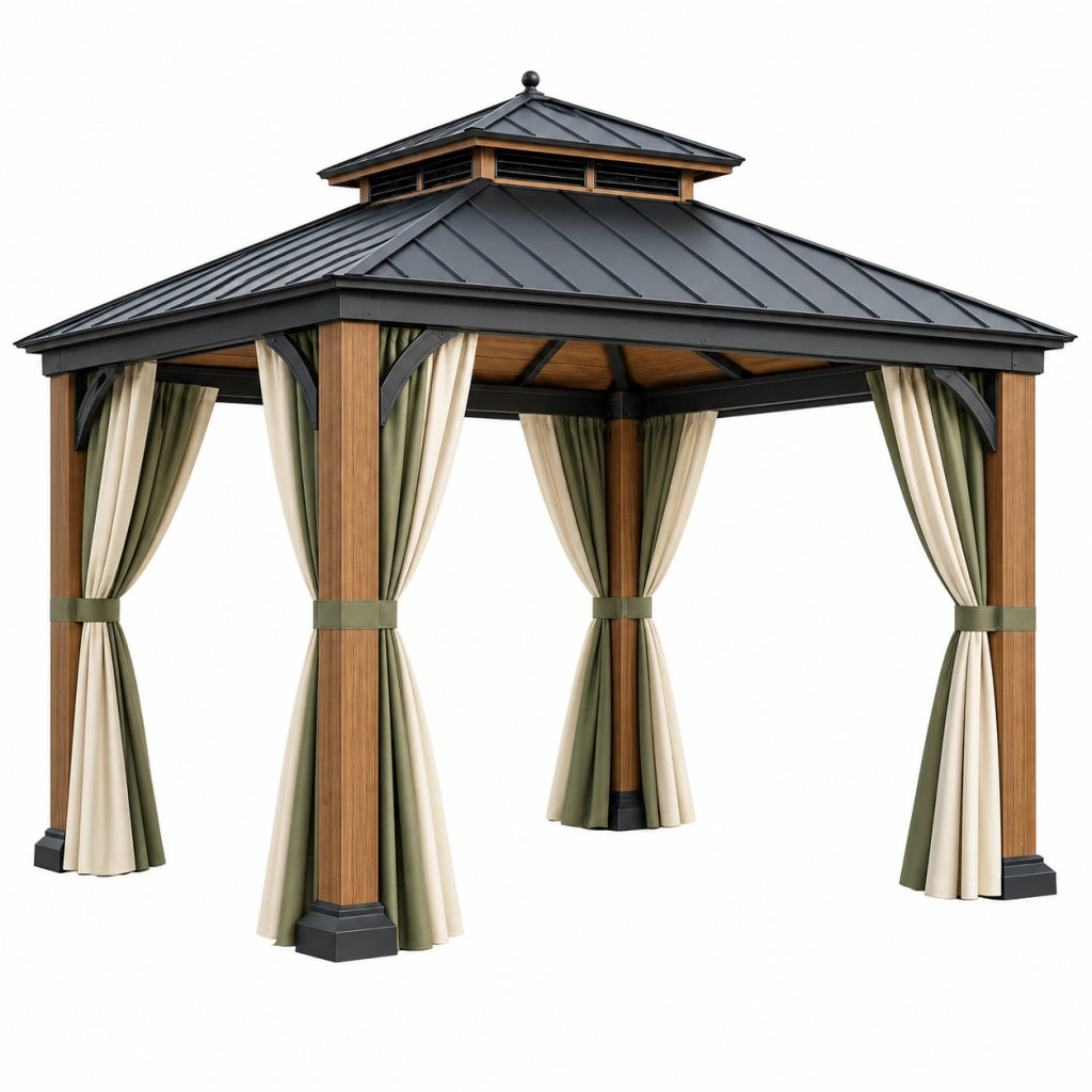 Gazebo 300 x 300 x 300 cm in legno metallo e tessuto verde crema con tende per esterno