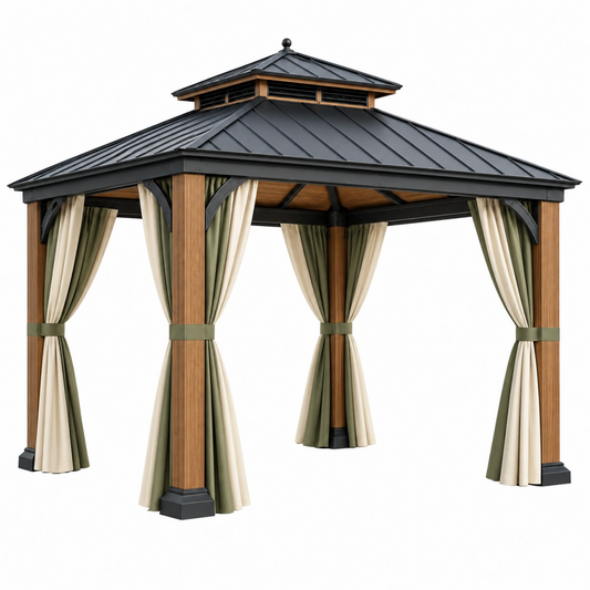 Gazebo 300 x 300 x 300 cm in legno metallo e tessuto verde crema con tende per esterno