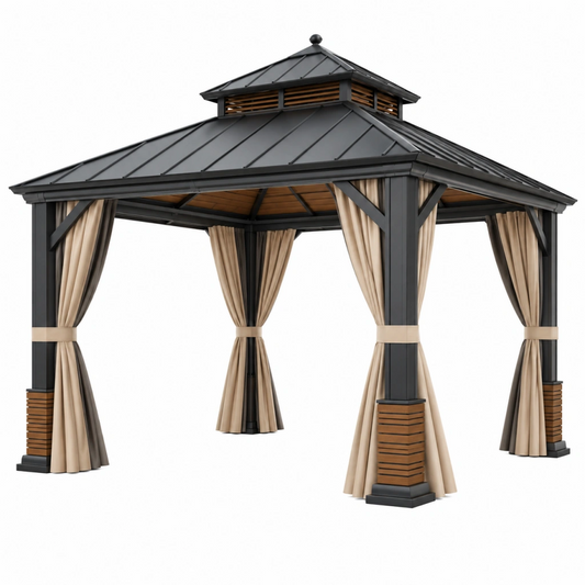 Gazebo da giardino 300 x 300 cm in metallo nero con tende beige - copertura a padiglione
