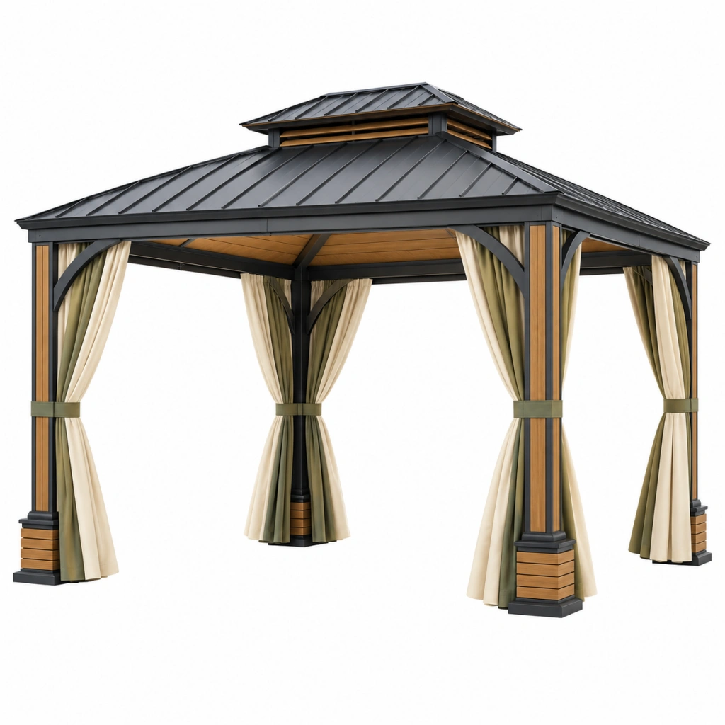 Gazebo da giardino 300 x 300 x 300 cm in metallo nero e legno con tende