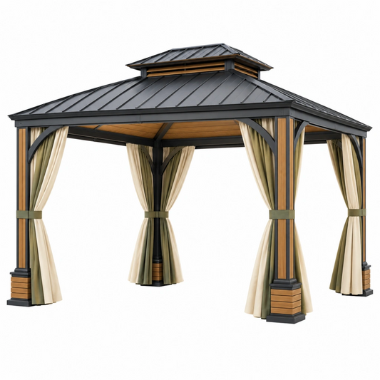 Gazebo da giardino 300 x 300 x 300 cm in metallo nero e legno con tende