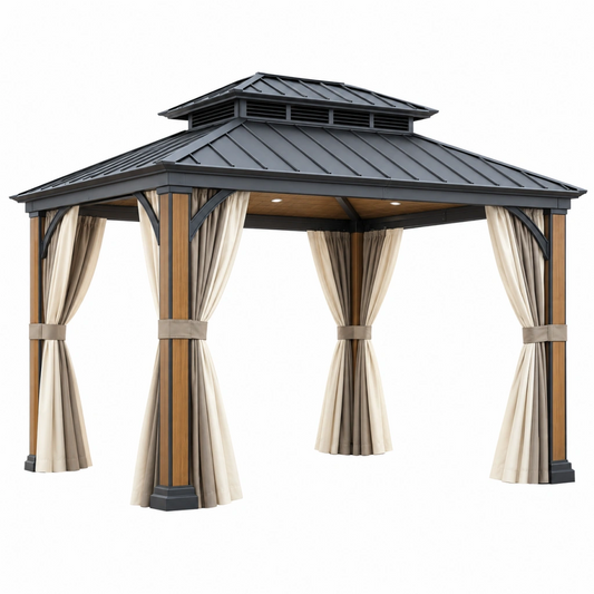 Gazebo da giardino 300 x 300 x 300 cm in metallo nero e marrone con tende laterali