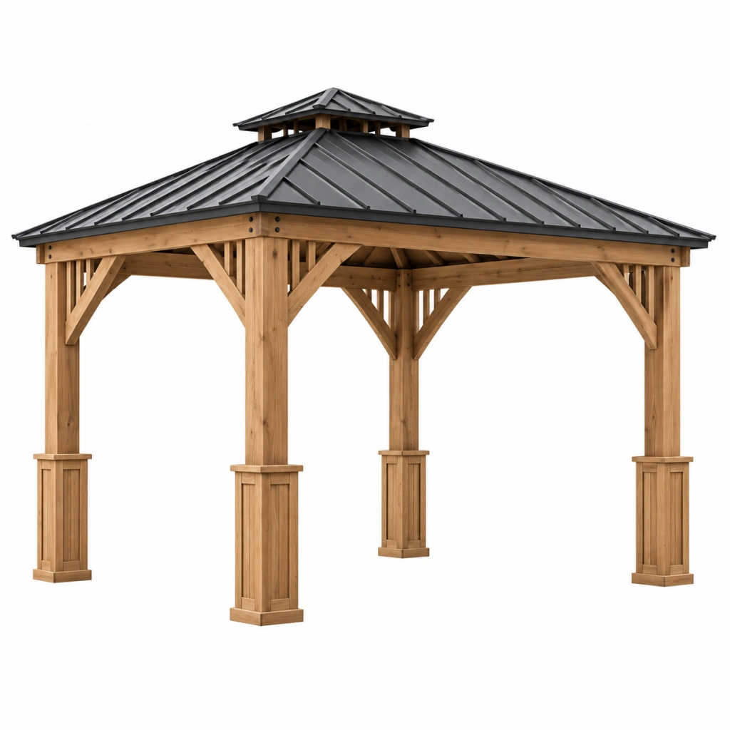 Gazebo da giardino 400 x 400 x 350 cm in legno naturale con tetto in metallo grigio