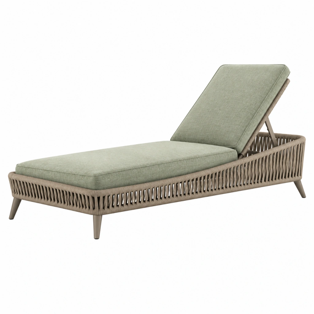 Lettino prendisole 200 x 75 x 85 cm in corda sintetica tortora con cuscino verde salvia - schienale regolabile