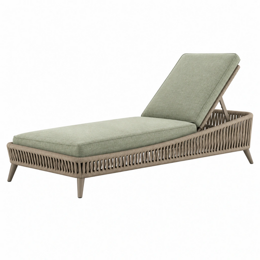 Lettino prendisole 200 x 75 x 85 cm in corda sintetica tortora con cuscino verde salvia - schienale regolabile