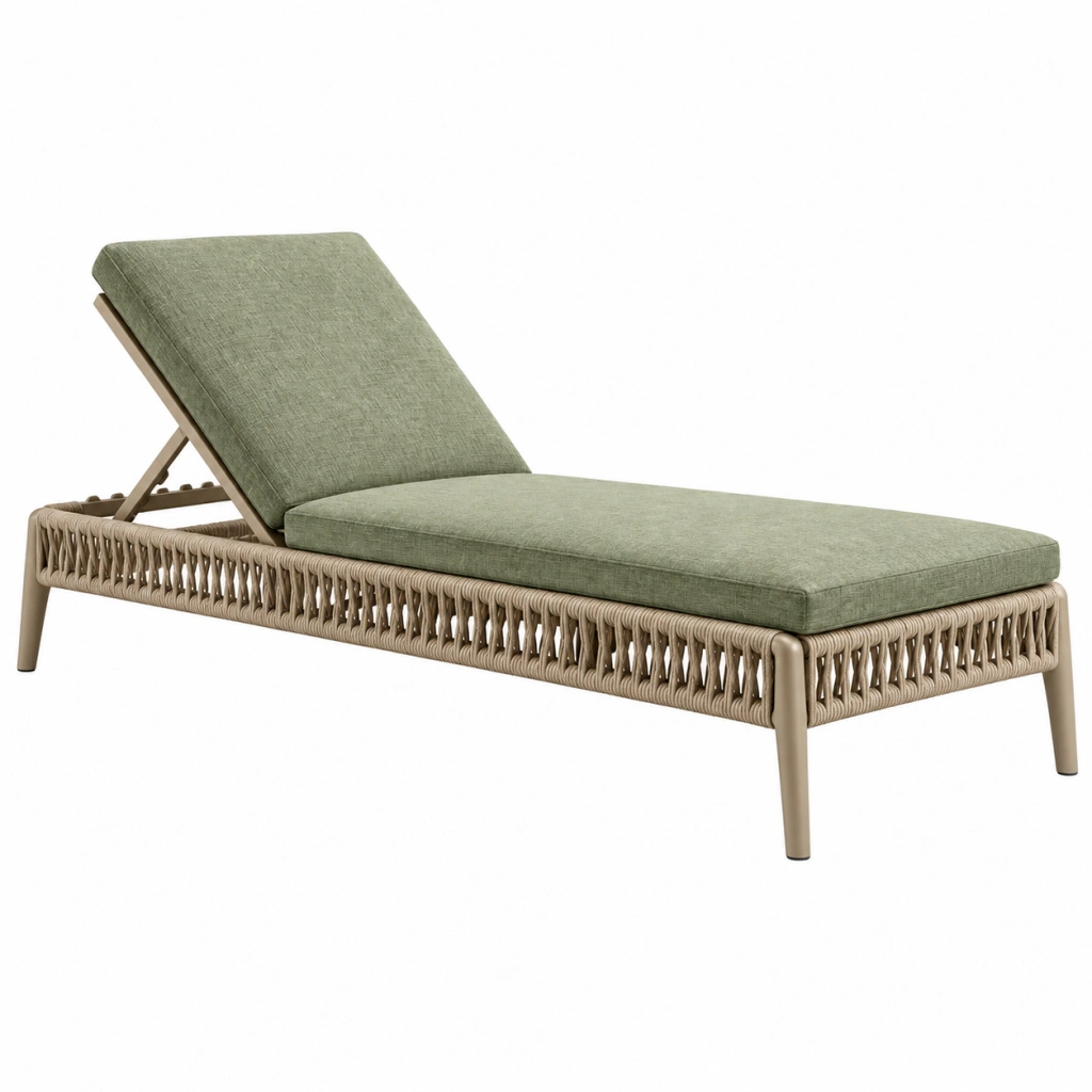 Lettino prendisole 200 x 75 cm in corda intrecciata beige e tessuto verde con schienale reclinabile