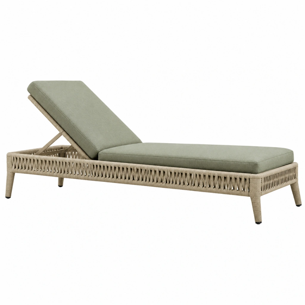 Lettino prendisole da esterno 200 x 70 cm in corda intrecciata beige e tessuto verde salvia con schienale regolabile