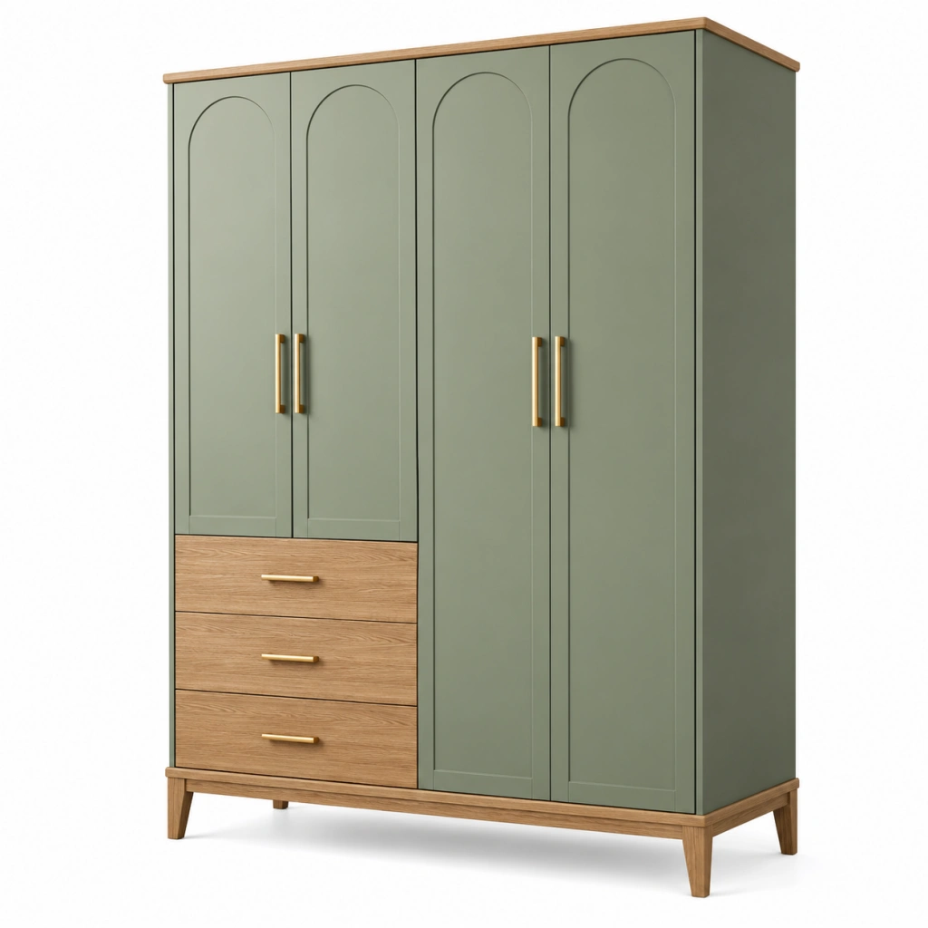 Armadio guardaroba 160 x 55 x 200 cm verde salvia e legno con 4 ante 3 cassetti stile moderno