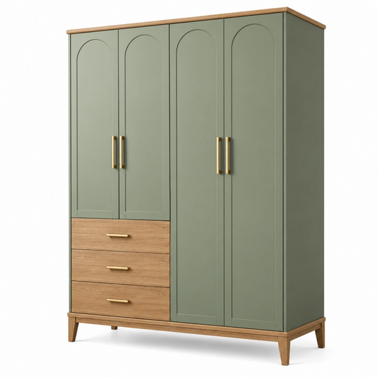 Armadio guardaroba 160 x 55 x 200 cm verde salvia e legno con 4 ante 3 cassetti stile moderno