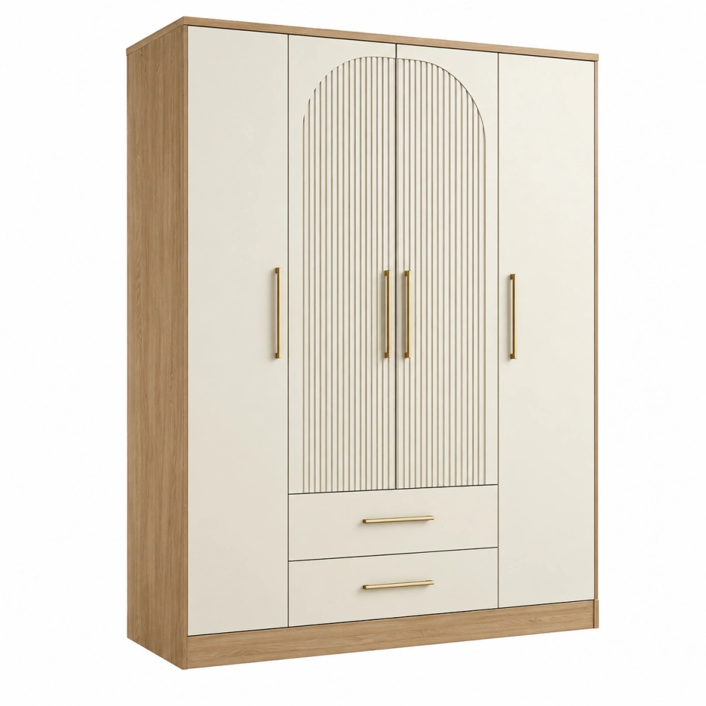 Armadio guardaroba 180 x 52 x 200 cm in legno ingegnerizzato beige e rovere con 4 ante e 2 cassetti stile moderno