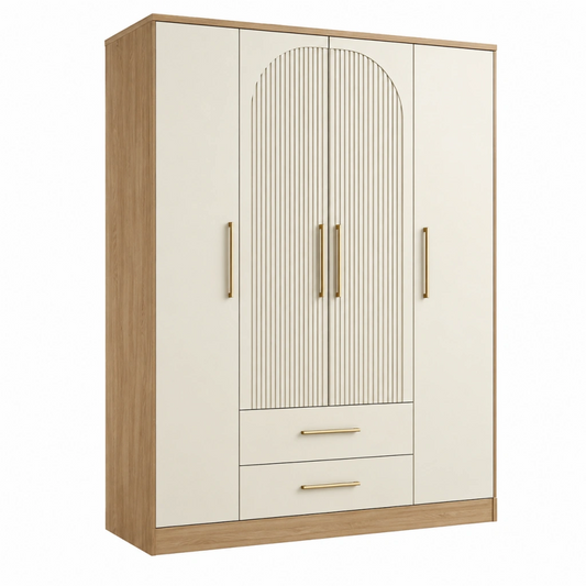 Armadio guardaroba 180 x 52 x 200 cm in legno ingegnerizzato beige e rovere con 4 ante e 2 cassetti stile moderno