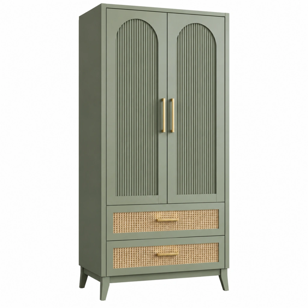 Armadio guardaroba 80 x 45 x 180 cm in legno verde salvia con cassetti in rattan stile moderno