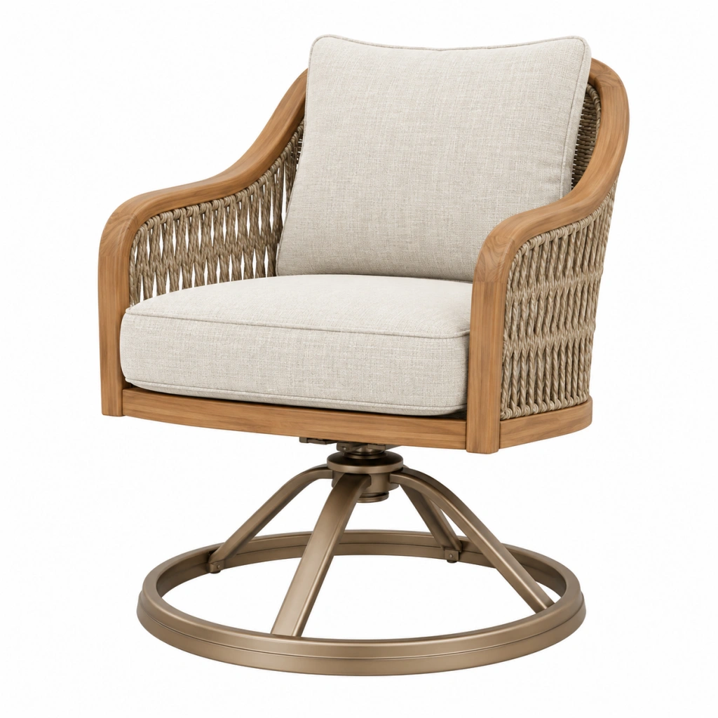 Poltrona girevole 76 x 82 x 90 cm in legno e corda beige stile naturale