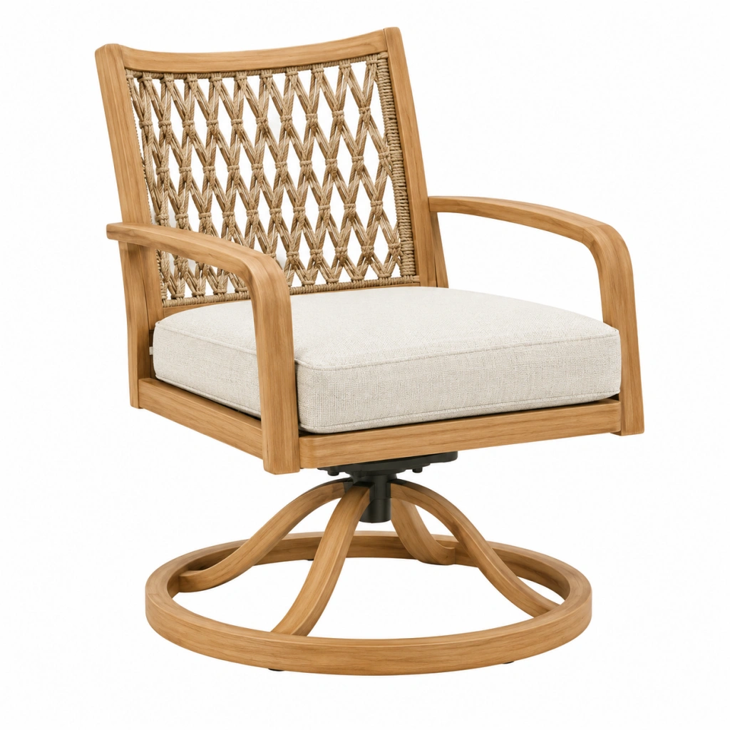 Poltrona girevole 76 x 78 x 88 cm in legno naturale e corda con seduta imbottita stile bohémien