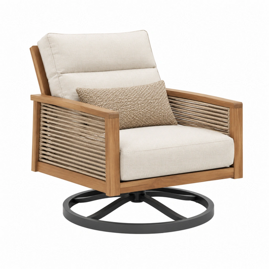 Poltrona girevole 82 x 84 x 88 cm in legno beige e marrone con corda intrecciata