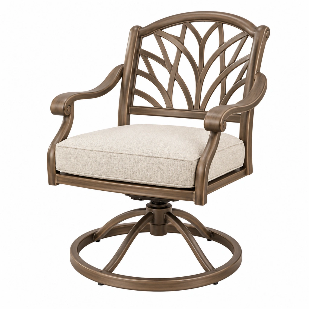 Poltrona da giardino girevole 76 x 74 x 100 cm in metallo marrone con cuscino beige stile classico