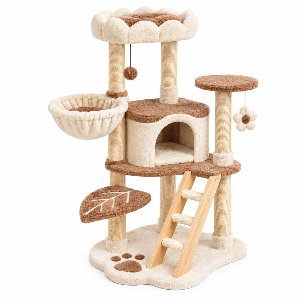 Tiragraffi per gatti 60 x 60 x 150 cm in sisal crema e marrone con cuccia e amaca
