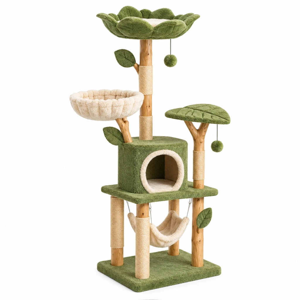 Tiragraffi per gatti 60 x 60 x 160 cm in legno sisal e peluche verde con cuccia e amaca