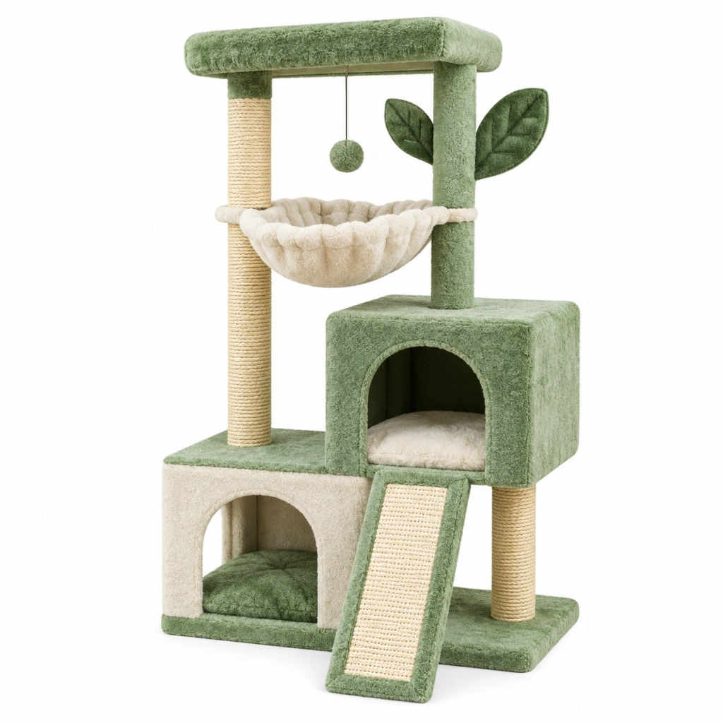 Tiragraffi per gatti 60 x 50 x 145 cm in peluche verde e beige con cuccia amaca e colonne in sisal