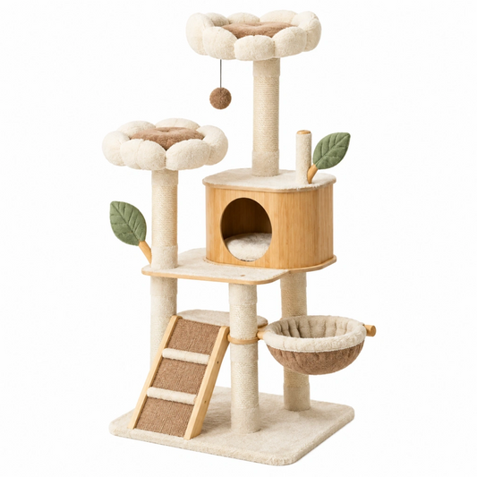 Albero tiragraffi per gatti 60 x 60 x 145 cm in legno sisal e peluche beige - con cuccia piattaforme e amaca