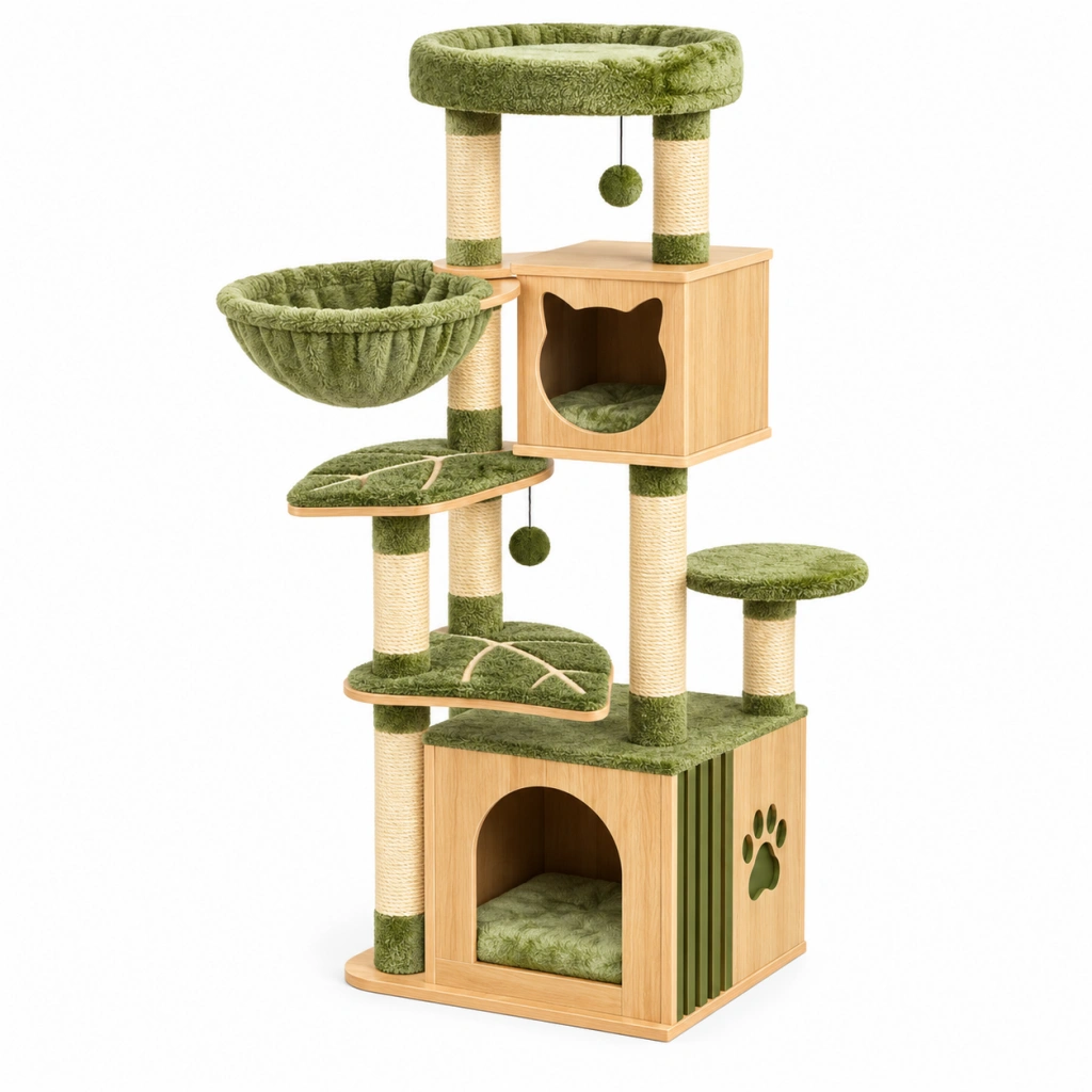 Albero tiragraffi per gatti 60 x 60 x 170 cm in legno sisal e tessuto verde - con cucce e piattaforme