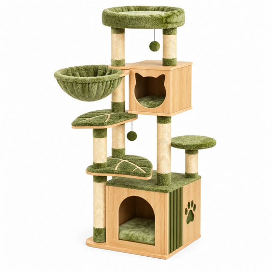 Albero tiragraffi per gatti 60 x 60 x 170 cm in legno sisal e tessuto verde - con cucce e piattaforme
