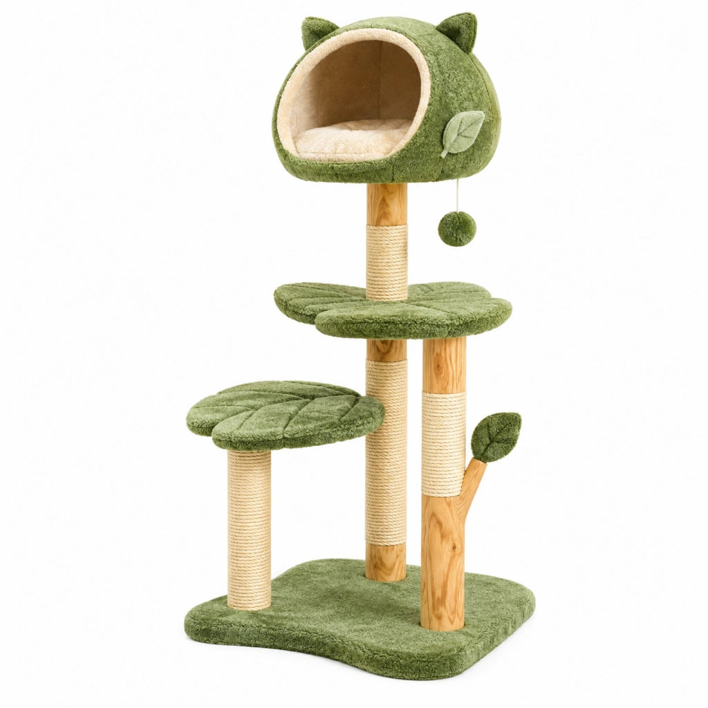 Albero tiragraffi per gatti 50 x 50 x 125 cm in legno sisal e peluche verde con cuccia e piattaforme