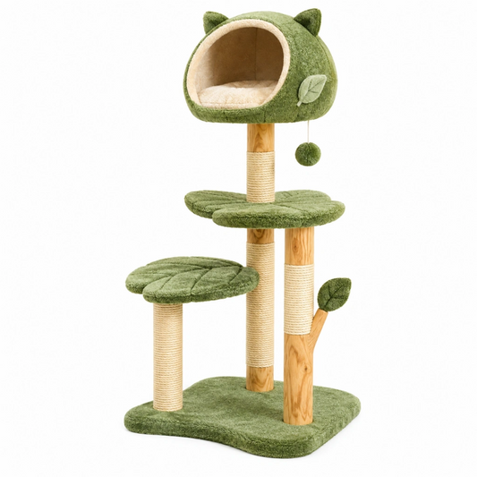 Albero tiragraffi per gatti 50 x 50 x 125 cm in legno sisal e peluche verde con cuccia e piattaforme