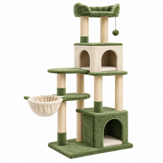 Albero tiragraffi per gatti 60 x 60 x 155 cm in tessuto e corda beige verde con cucce e amaca