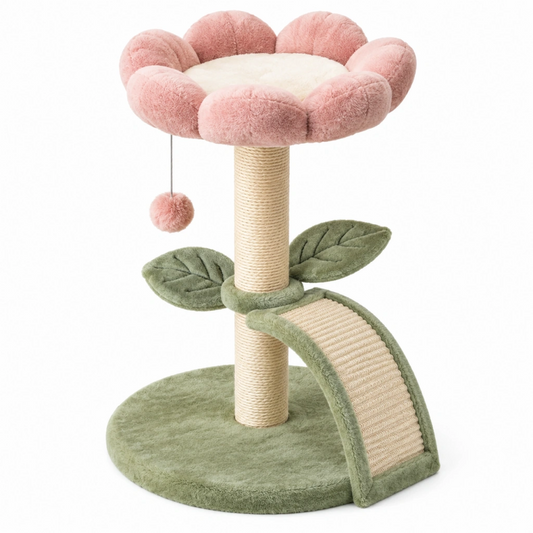 Tiragraffi per gatti 50 x 50 x 85 cm in sisal rosa e verde con cuccia a fiore e gioco sospeso