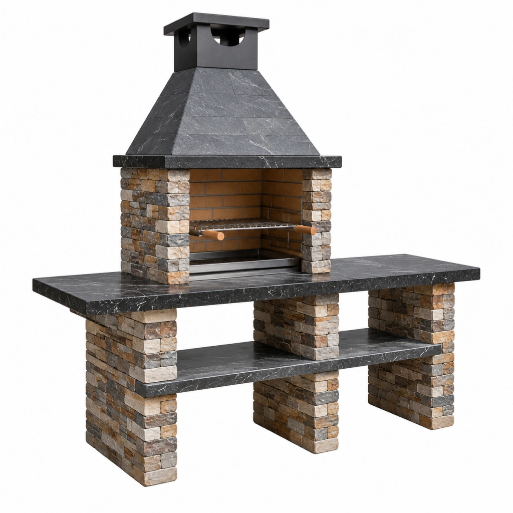 Barbecue da giardino 160 x 70 x 220 cm in pietra grigio/marrone con griglia in acciaio