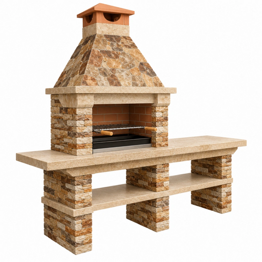 Barbecue da giardino 180 x 70 x 240 cm in pietra beige marrone con griglia in acciaio stile rustico