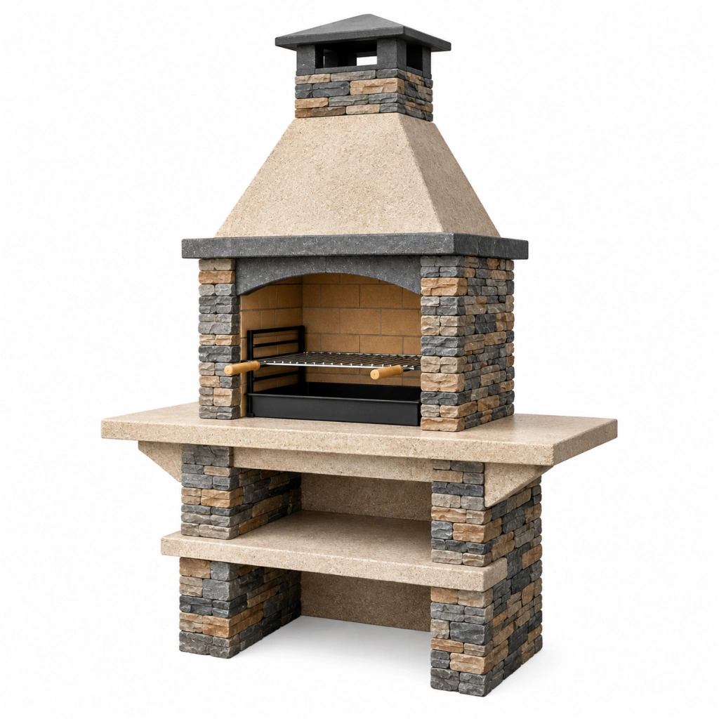 Barbecue da giardino in muratura 120 x 70 x 220 cm pietra beige grigio con griglia regolabile