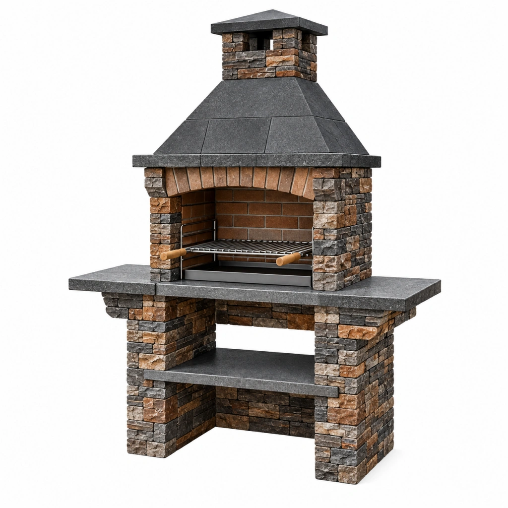 Barbecue da giardino 160 x 80 x 230 cm in pietra grigio marrone con griglia in metallo